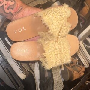 POL Women's Tan Fuzzy Slide Sandals